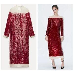 Zara Red and Cream Sequin Long Sleeve Dress